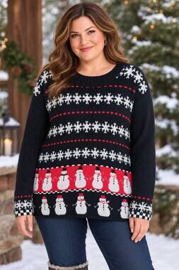 Tall Girl Snowman Christmas Sweater Black Red White Fair Isle Knit Holiday Large